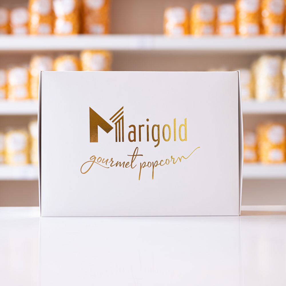 Gold Foil Gift Box Marigold Gourmet Popcorn Nashville, TN
